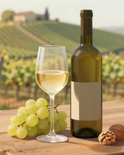 AI-generated illustration of Pekrcan local wine, a glass of white wine with grapes before the vineyard slopes of Pekrska gorca