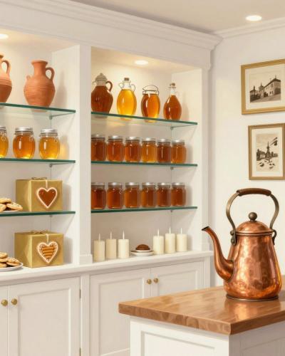 AI-generated illustration of Perger's Honey Heaven, a honey and gingerbread shop interior in Slovenj Gradec, Koroska