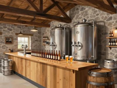 AI-generated illustration of Pivovarne Vizir, a rustic craft brewery taproom with steel tanks in Bela Krajina