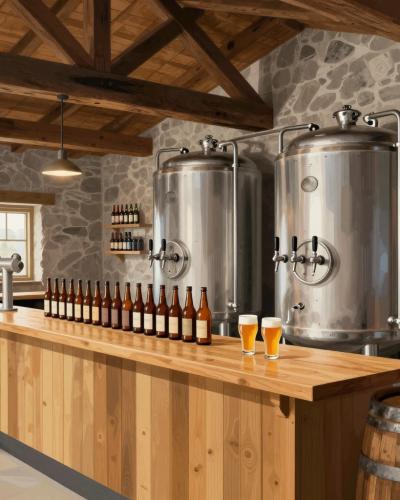 AI-generated illustration of Pivovarne Vizir, a rustic craft brewery taproom with steel tanks in Bela Krajina