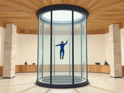 AI-generated illustration of the Planica wind tunnel's cylindrical glass flight chamber at the Planica Nordic Centre