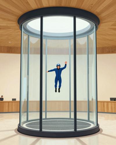 AI-generated illustration of the Planica wind tunnel's cylindrical glass flight chamber at the Planica Nordic Centre