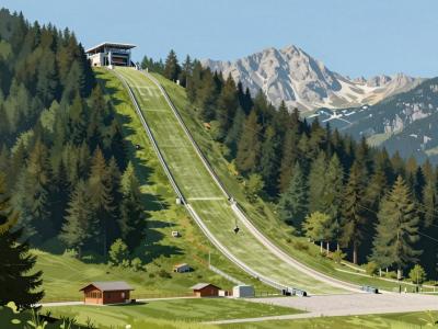 AI-generated illustration of Planica Zipline descending beside the giant ski flying hill in an alpine valley