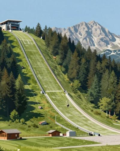 AI-generated illustration of Planica Zipline descending beside the giant ski flying hill in an alpine valley