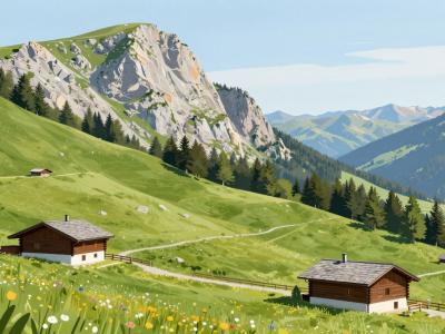 AI-generated illustration of Planina Loka alpine pasture beneath the rocky limestone ridge of Raduha