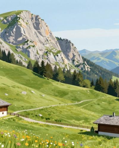 AI-generated illustration of Planina Loka alpine pasture beneath the rocky limestone ridge of Raduha