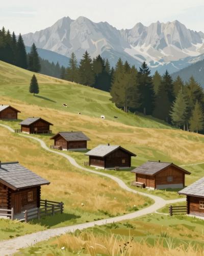 AI-generated illustration of Planina Zajamniki with its row of wooden shepherds' huts on the Pokljuka plateau