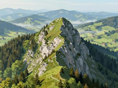 AI-generated illustration of Polhograjska Grmada peak rising above the wooded hills near Polhov Gradec