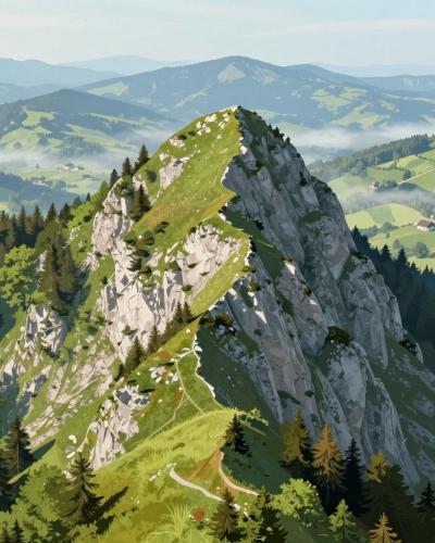 AI-generated illustration of Polhograjska Grmada peak rising above the wooded hills near Polhov Gradec