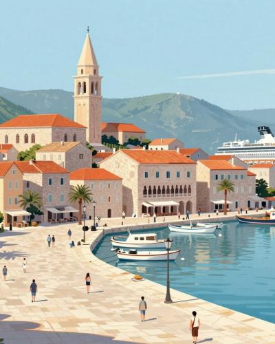 AI-generated illustration of a Ports of Call Tours scene: a coastal old town harbor with cruise pier on the Slovenian Istria coast
