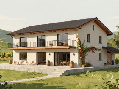 AI-generated illustration of Posestvo Gjerkes, a modern countryside wine-estate guesthouse in Prekmurje
