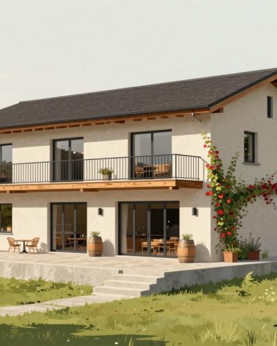 AI-generated illustration of Posestvo Gjerkes, a modern countryside wine-estate guesthouse in Prekmurje