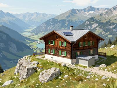 AI-generated illustration of Prešeren Lodge at Stol (2174 m), a timber mountain hut high in the Karawanks above Žirovnica