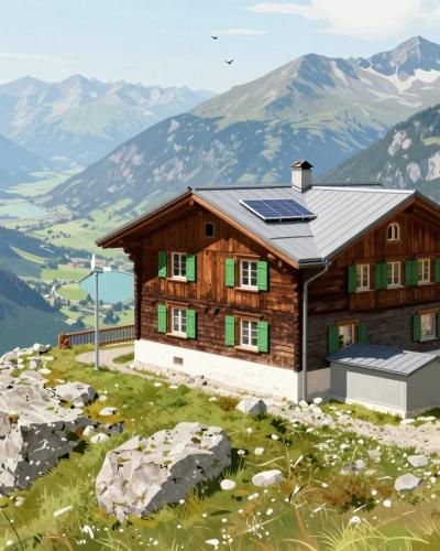 AI-generated illustration of Prešeren Lodge at Stol (2174 m), a timber mountain hut high in the Karawanks above Žirovnica