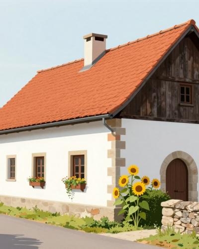 AI-generated illustration of Prešeren's Birth House, the whitewashed village farmhouse of Slovenia's national poet in Vrba