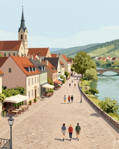 AI-generated illustration of a private guided walking tour through Maribor's riverside old town