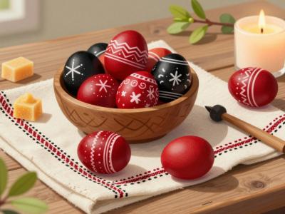 AI-generated illustration of traditional Adlešiči crafts: hand-woven linen, red-and-black embroidery and wax-decorated Easter eggs