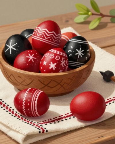 AI-generated illustration of traditional Adlešiči crafts: hand-woven linen, red-and-black embroidery and wax-decorated Easter eggs