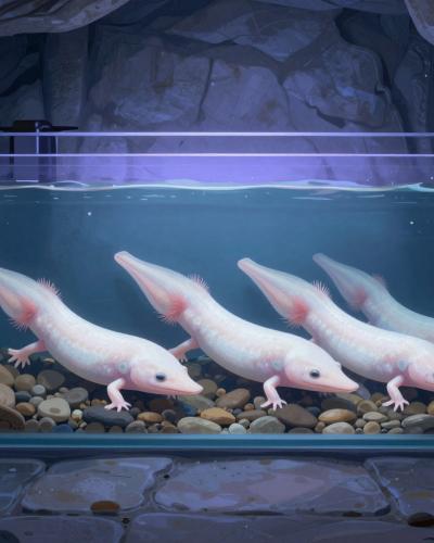 AI-generated illustration of Proteus Vivarium in Postojna — pale olms in an illuminated cave aquarium