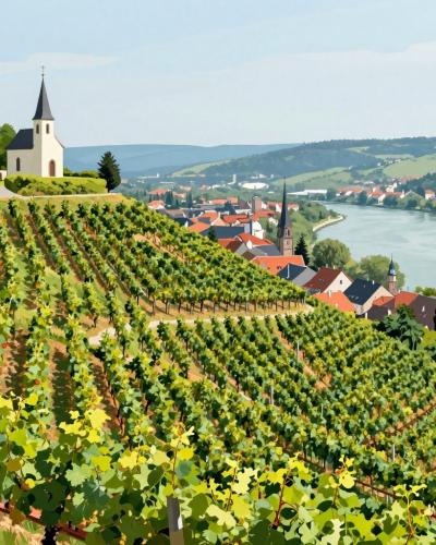 AI-generated illustration of Pyramid Hill (Piramida) above Maribor with vineyard slopes and the summit chapel