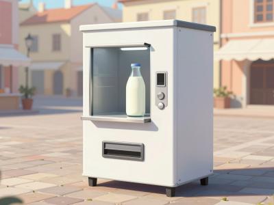 AI-generated illustration of a raw milk vending machine on a market square in Ljubljana
