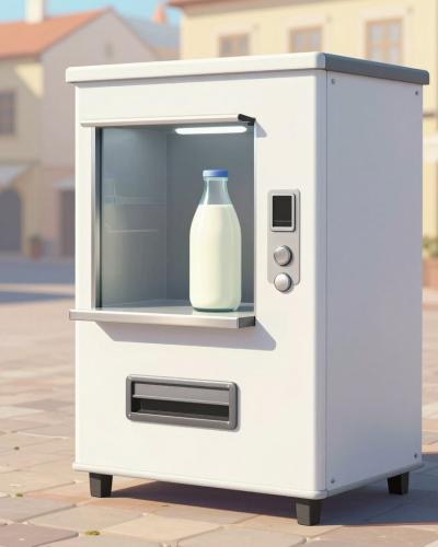 AI-generated illustration of a raw milk vending machine on a market square in Ljubljana