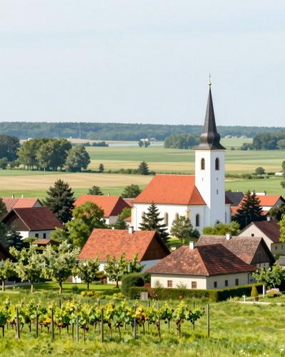 AI-generated illustration of Razkrižje, a small Pannonian village in Pomurje with its white church spire, red-roofed houses and vineyards above the Mura plain