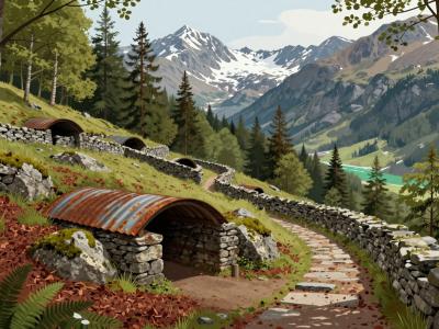 AI-generated illustration of Remnants From World War I near Bovec: restored stone-lined trenches and corrugated-iron shelters on a forested hillside in the Soča Valley