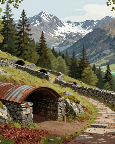 AI-generated illustration of Remnants From World War I near Bovec: restored stone-lined trenches and corrugated-iron shelters on a forested hillside in the Soča Valley