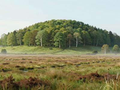 AI-generated illustration of the Iron Age settlement and crannog landscape near Škofljica: a forest-covered hill rising above misty marsh meadows
