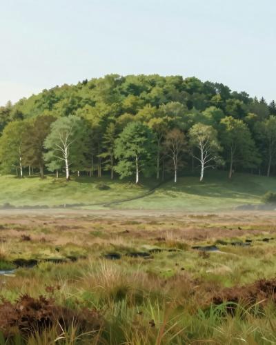AI-generated illustration of the Iron Age settlement and crannog landscape near Škofljica: a forest-covered hill rising above misty marsh meadows