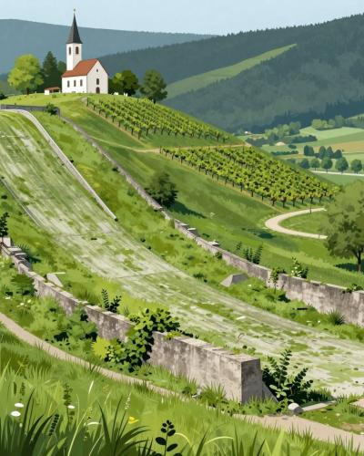 AI-generated illustration of the remnants of the 60-meter ski jump foundations on Pekrska gorca near Maribor, overgrown concrete on a green hillside below the summit church