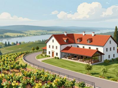 AI-generated illustration of Restaurant and Hotel Tri Lučke, a hilltop estate with white buildings and red tiled roofs among vineyards above Krško