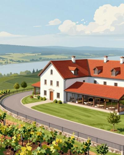 AI-generated illustration of Restaurant and Hotel Tri Lučke, a hilltop estate with white buildings and red tiled roofs among vineyards above Krško