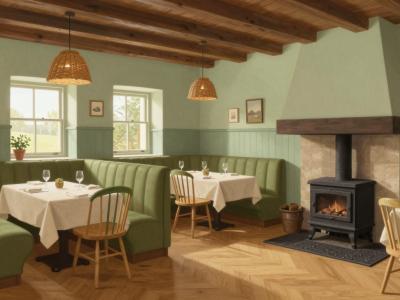 AI-generated illustration of Restaurant Repovž in Šentjanž: the renovated dining room of the centuries-old family inn with green banquettes and herringbone oak floor