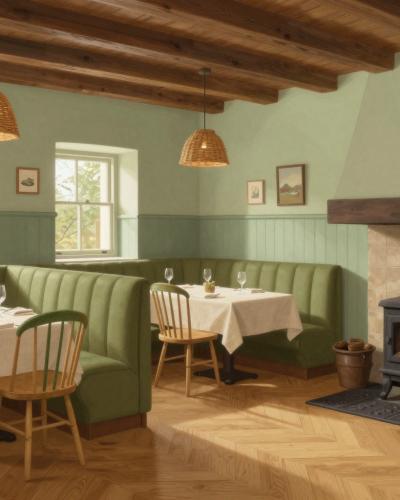 AI-generated illustration of Restaurant Repovž in Šentjanž: the renovated dining room of the centuries-old family inn with green banquettes and herringbone oak floor