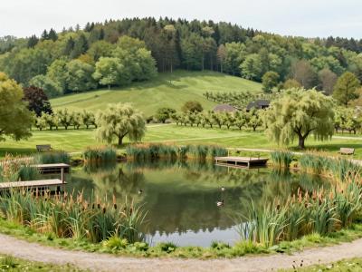 AI-generated illustration of Ribnik Zreče, a calm fishing pond with wooden piers and reed-fringed banks at the foot of the forested Pohorje hills