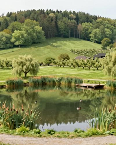 AI-generated illustration of Ribnik Zreče, a calm fishing pond with wooden piers and reed-fringed banks at the foot of the forested Pohorje hills