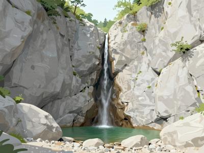 AI-generated illustration of Rock of Iglica, a slender waterfall in a narrow limestone cleft with an emerald pool near Bohinjska Bela