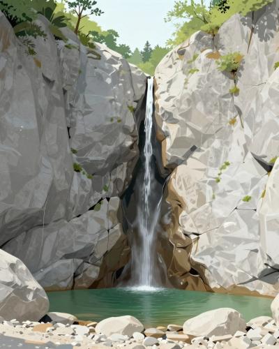 AI-generated illustration of Rock of Iglica, a slender waterfall in a narrow limestone cleft with an emerald pool near Bohinjska Bela
