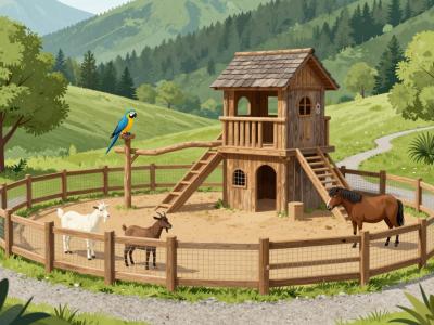 AI-generated illustration of Rogla Zoo, a family mini zoo with rustic wooden enclosures in the green Rogla-Pohorje foothills