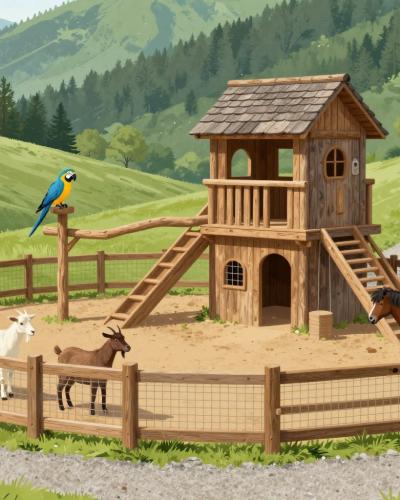 AI-generated illustration of Rogla Zoo, a family mini zoo with rustic wooden enclosures in the green Rogla-Pohorje foothills