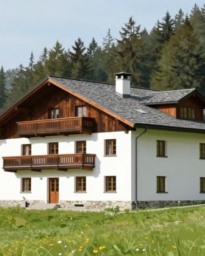 AI-generated illustration of Ruška planinska koča, a mountain lodge on a meadow beneath spruce forest on the Pohorje plateau