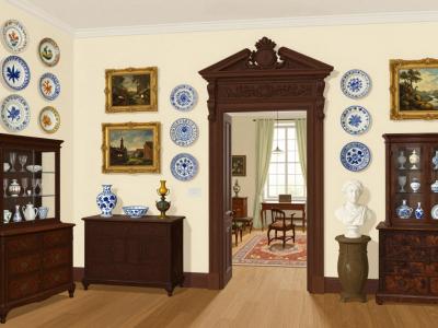 AI-generated illustration of the Sadnikar Museum in Kamnik, a historic private collection room with painted plates, carved furniture and busts