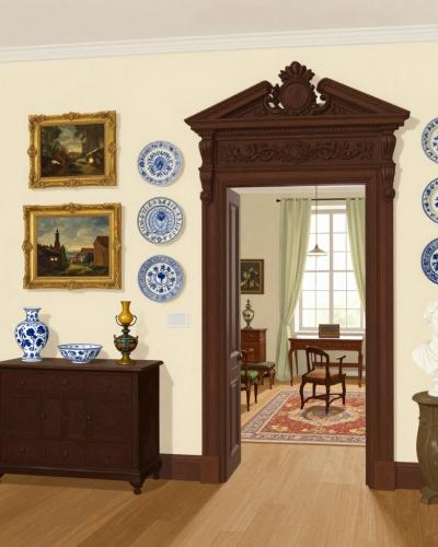 AI-generated illustration of the Sadnikar Museum in Kamnik, a historic private collection room with painted plates, carved furniture and busts