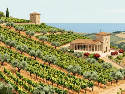 AI-generated illustration of Santomas, a hillside winery estate with vineyards and olive groves overlooking the Adriatic in Slovenian Istria