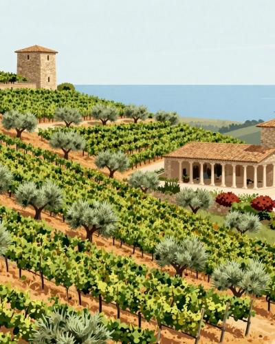 AI-generated illustration of Santomas, a hillside winery estate with vineyards and olive groves overlooking the Adriatic in Slovenian Istria