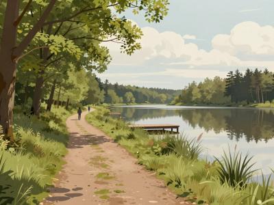 AI-generated illustration of scenic walking trails through lowland forest to Bukovniško jezero, with walkers on a shaded path by the lake