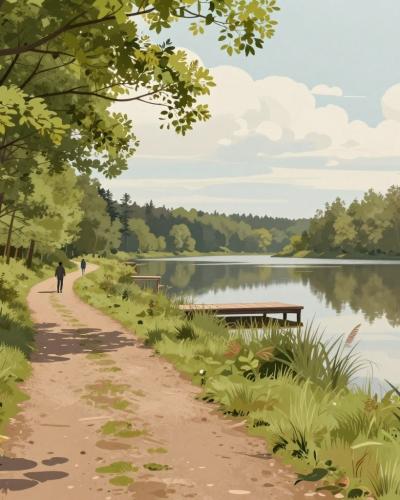 AI-generated illustration of scenic walking trails through lowland forest to Bukovniško jezero, with walkers on a shaded path by the lake
