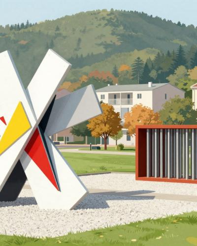 AI-generated illustration of the open-air steel sculptures of Ravne na Koroškem, abstract painted steel works on lawns and gravel beds around the town